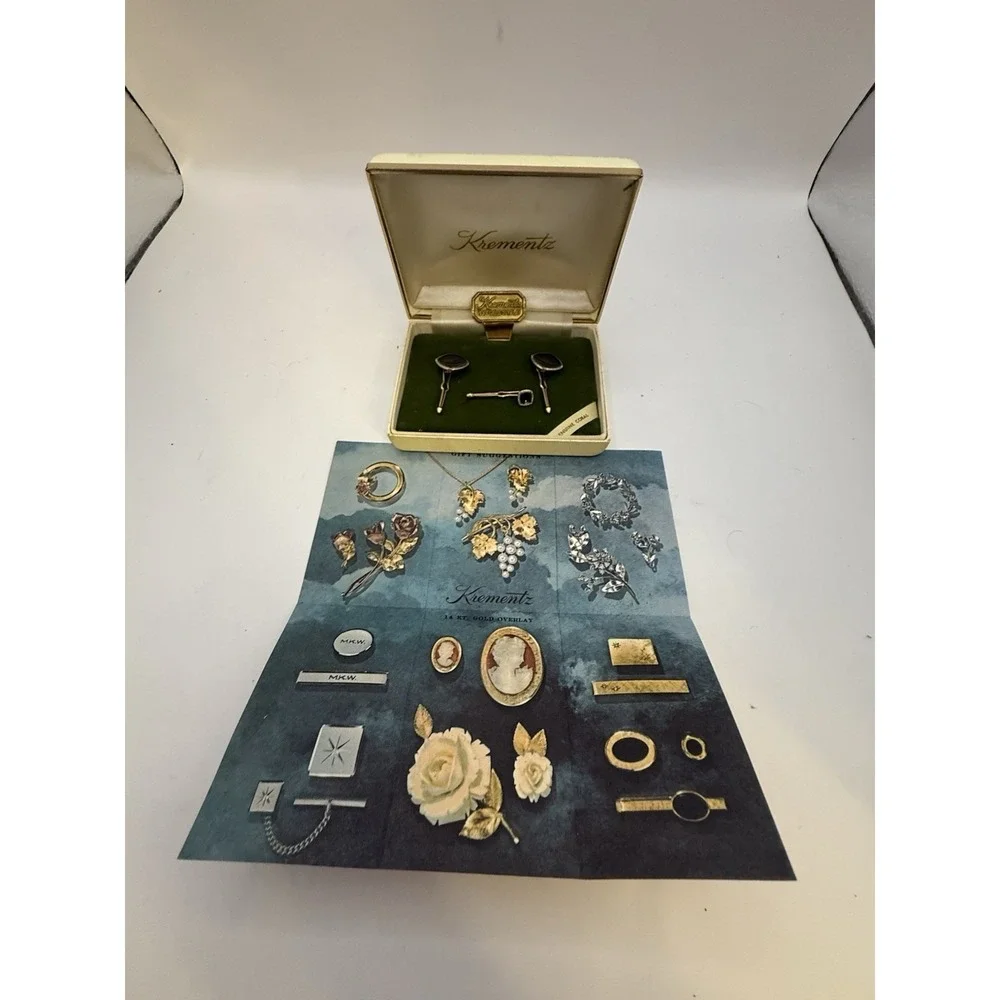 Vintage Krementz 14kt Gold Overlay Cufflinks & Tie Bar w/ Box